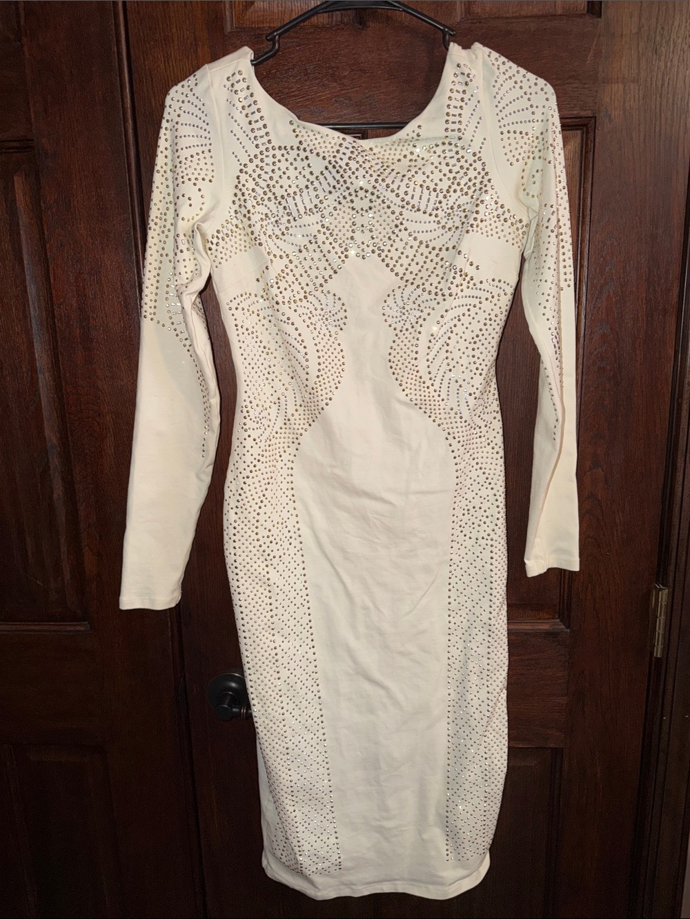 bebe Ivory Long Sleeve Crystal-Embellished Bodycon Dress